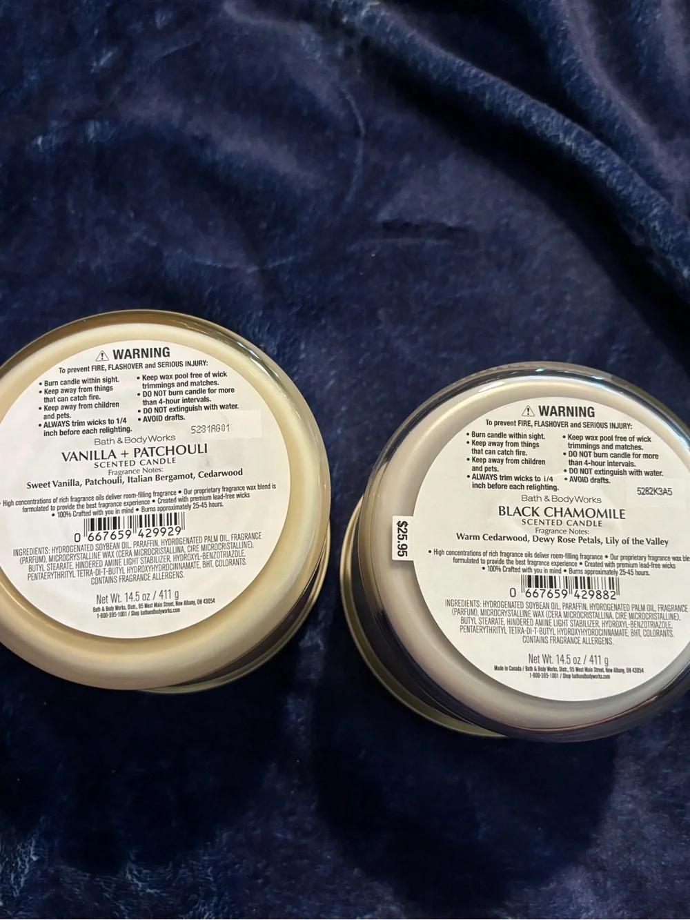 Bath & Body Works Vanilla + Patchouli and Black Chamomile Candles - Cream & Gray